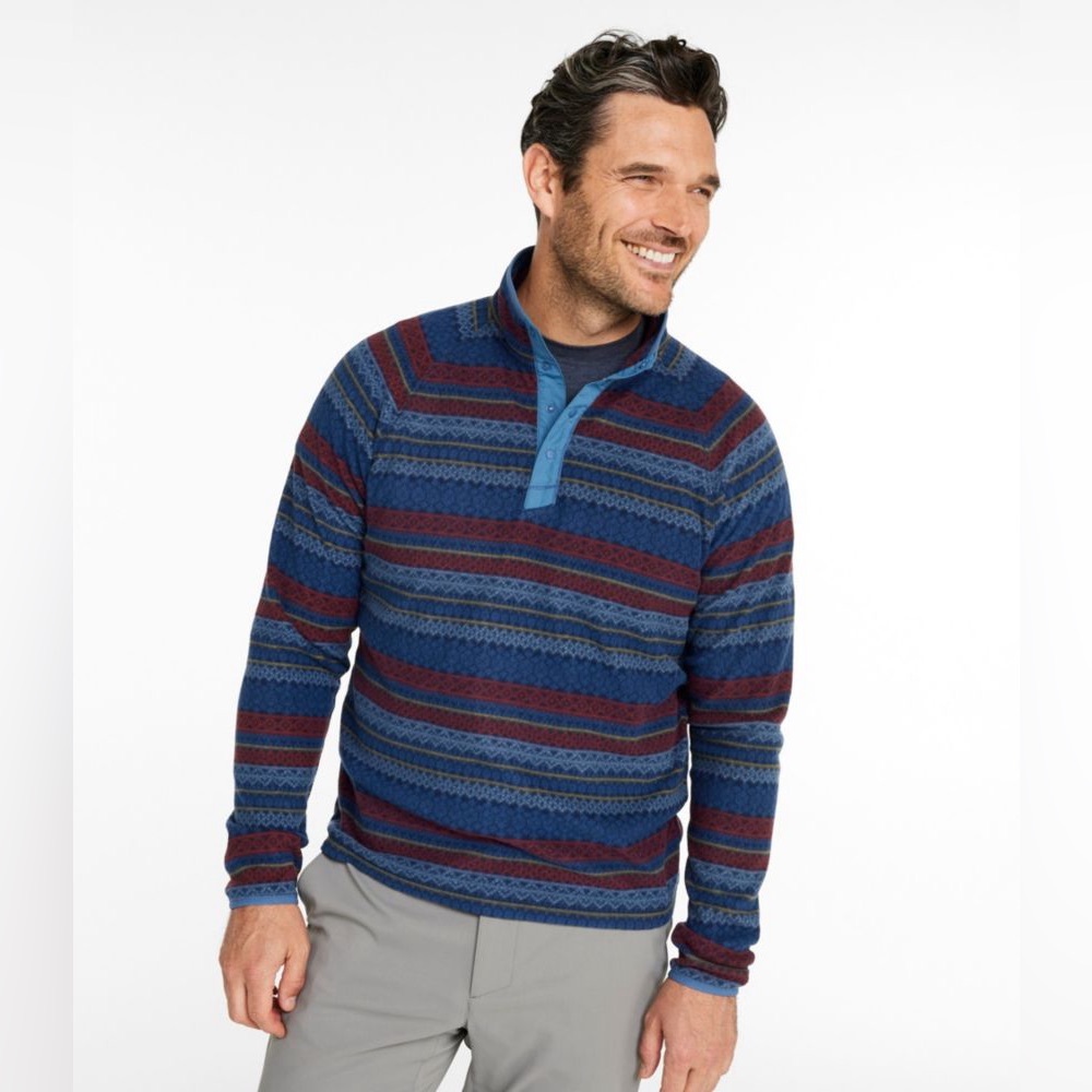 L.L.Bean All Season Access Fleece Pullover in a blue and red Fair Isle